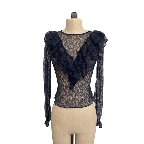 Zara Navy Lace Ruffle Long Sleeve Blouse S - Picture 2 of 10